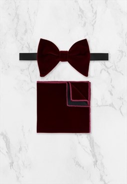 Mens Burgundy Red Oversized Velvet Bow Tie & Pocket Square