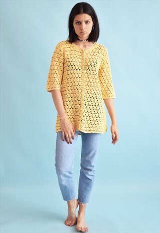 90'S RETRO BOHO FESTIVAL SHEER TOP BLOUSE IN CROCHET