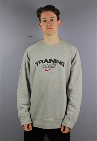 VINTAGE NIKE SWEATSHIRT IN GREY WITH PRINTED LOGOS. SIZE L.