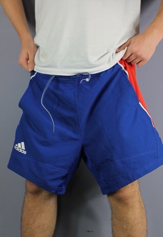 VINTAGE ADIDAS SHORTS IN NAVY BLUE WITH POCKETS, PRINTED LOG