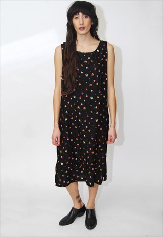 90S FLORAL SUNDRESS (M) VINTAGE BLACK YELLOW FLOWER DRESS