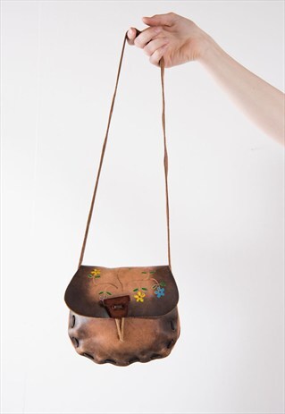 VINTAGE 70'S FLORAL PAINTED LEATHER BAG