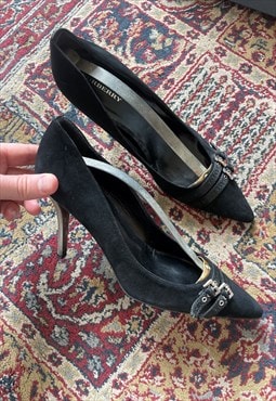 Y2K Burberry black suede with chrome stiletto heels