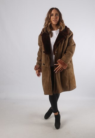 VINTAGE SHEEPSKIN SUEDE SHEARLING COAT MID UK 16 XL (K93A)