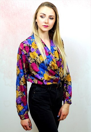 1990S VINTAGE MULTICOLOURED FLORAL SILKY BLOUSE