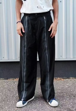 Wide leg overalls gradient zip up jogger y2k pants black
