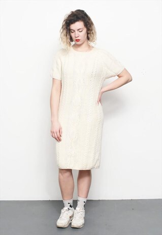 VINTAGE 1980'S CREAM ARAN KNIT WOOL JUMPER DRESS