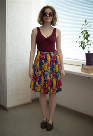 VINTAGE 80'S MINI MULTICOLOUR FLOWER PATTERNED PLEATED SKIRT