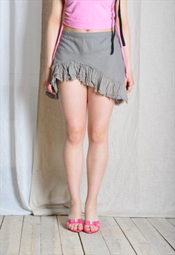 Y2K Khaki Ruffled Linen Blend Mini Skirt