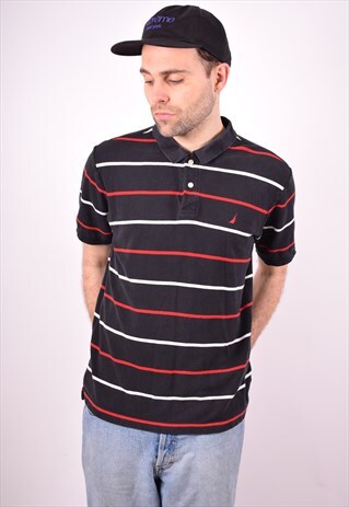 NAUTICA MENS VINTAGE POLO SHIRT LARGE BLACK STRIPES 90S