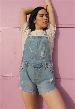 Distressed Pale Blue Denim Dungaree Shorts Overalls 
