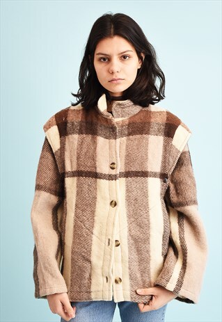 90'S RETRO CHECKED PURE WOOL OUTWEAR JACKET GILET
