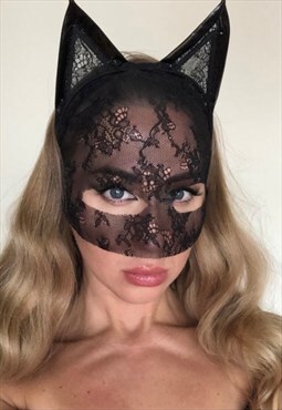 Catwoman Lace Mask with ears Black Lace cat mask with veil