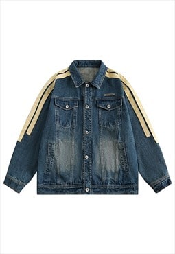 Shoulder patch denim jacket bleached jean varsity coat blue