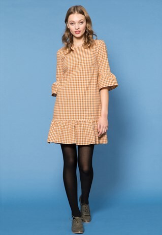 YELLOW GINGHAM RUFFLE HEM DRESS