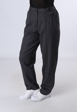 HIGH WAISTED TROUSERS PLAIN WIDE TAPERED LEG UK 12 (CK5E)