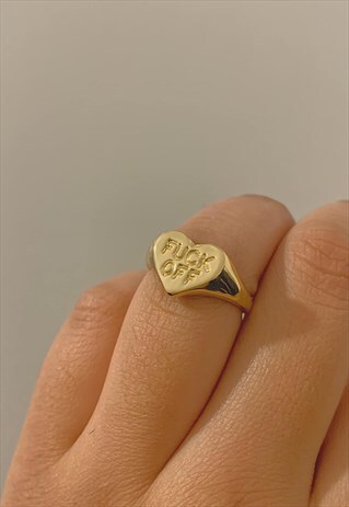 FCK OFF. GOLD HEART ENGRAVED SIGNET RING IMPERFECT