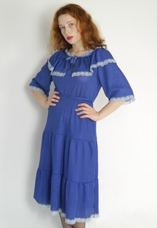 VINTAGE 70S BLUE PEASANT PRAIRIE TIERED MIDI DRESS