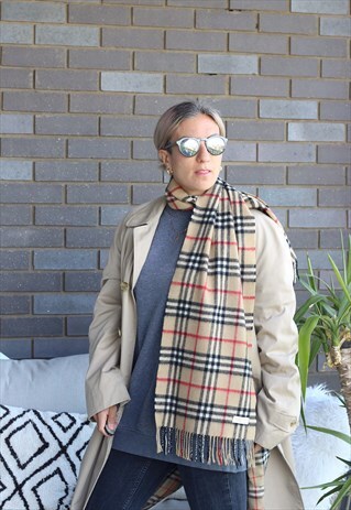 VINTAGE 1970S BURBERRY TAN NOVA PRINTED CASHMERE SCARF