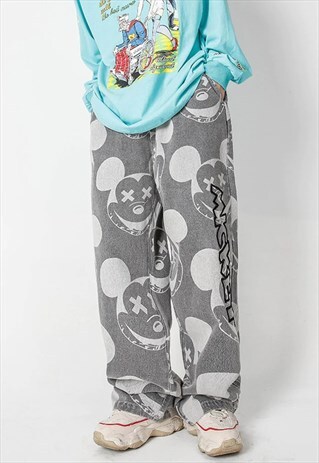 MICKEY SLOGAN EMBROIDERED JEANS MOUSE DENIM OVERALLS