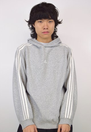 VINTAGE 90S ADIDAS GREY STRIPE SLEEVE HOODIE