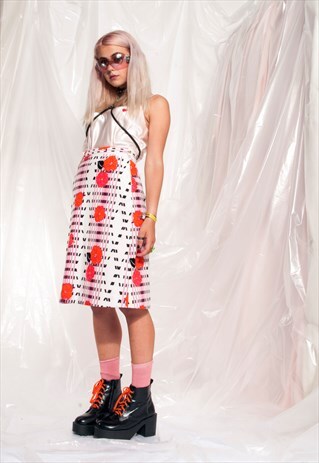 VINTAGE FLORAL SKIRT 60S PSYCHEDELIC POPPY HIGH WAIST MIDI