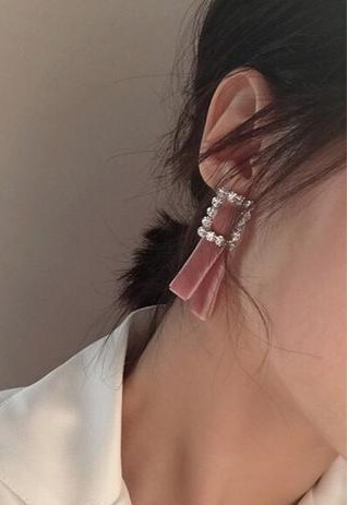 PINK VELVET RIBBON EARRINGS WITH RHINESTONE