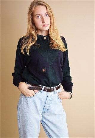 90'S HARLEQUIN PATTERN OVERSIZED KNITTED JUMPER TOP