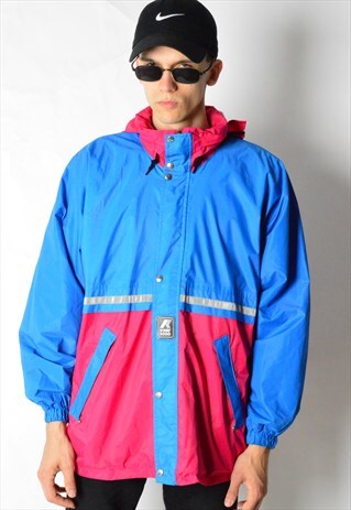 KWAY VINTAGE 90S BLUE PINK COLOUR BLOCK RAIN COAT JACKET