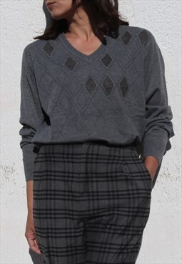 Vintage grey wool blend applique faux suede v neck sweater