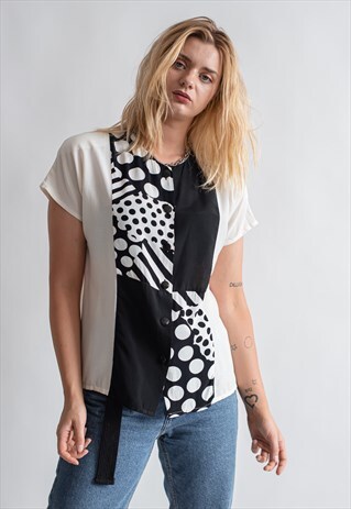 VINTAGE 80S SHIRT IN MONOCHROME DOT AND STRIPE