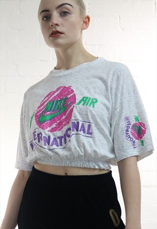 VINTAGE REWORK CROPPED NIKE AIR GRAPHIC LOGO T-SHIRT IN GREY