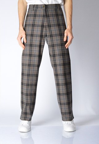 VINTAGE 90S UNISEX GREY BROWN FLEECE WOOL CHECK PANTS