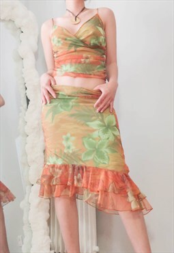 Vintage Y2K Floral Mesh Set Skirt Cami Top
