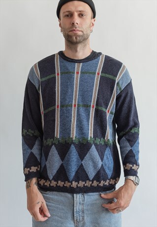 VINTAGE 80S DADS JUMPER WITH ABSTRACT BLUE PATTERN