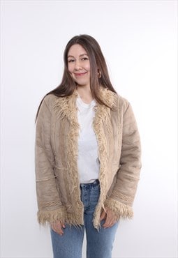 90s Penny lane coat, vintage brown overcoat, beige faux fur 