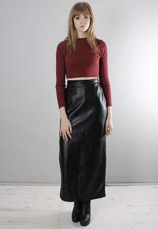 VINTAGE 80S BLACK LEATHER LONG PENCIL SKIRT