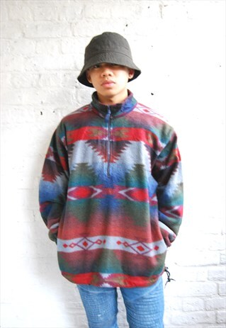 CRAZY PRINT AZTEC 1/4 ZIP FLEECE TOP (1990'S)