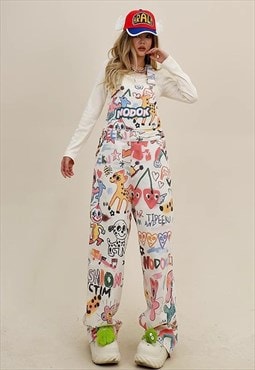 Cartoon denim dungarees graffiti painted jean overalls white