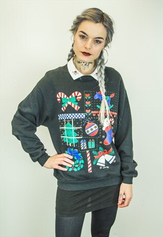 VINTAGE CUTE PRINTED BLACK CHRISTMAS TOP