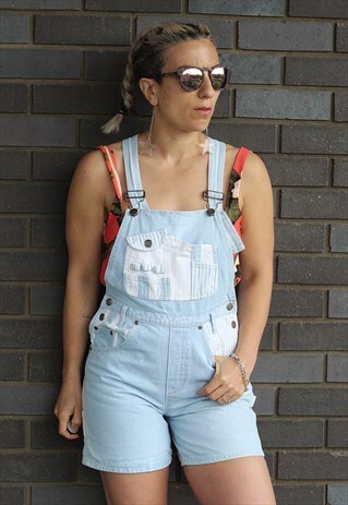 VINTAGE 1990S PALE BLUE AND WHITE DENIM SHORT DUNGAREES