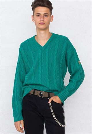 VINTAGE GREEN ADIDAS V-NECK KNIT JUMPER