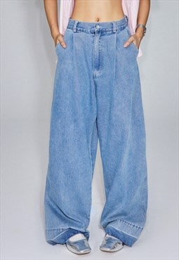 Baggy skater jeans loose fit wide raw denim pants in blue