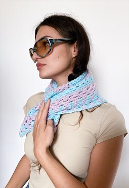 Vintage 90s striped crochet square scarf in blue / pink
