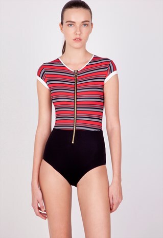 SHORT SLEEVED ONE PIECE SWIMSUIT WITH STRIPES