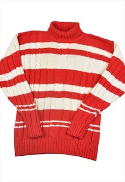 Vintage Neck Sweater Retro Stripe Pattern Red/White Small