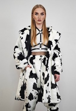 Cow print coat faux fur spot pattern trench animal overcoat