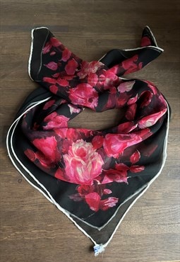 50's Vintage Black Pink Sheer Floral Scarf