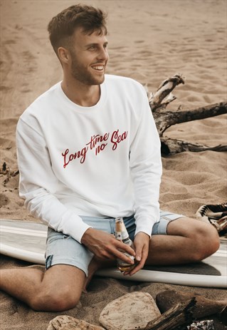 'LONG TIME NO SEA' MENS SEA SLOGAN SWEATSHIRT IN WHITE & RED