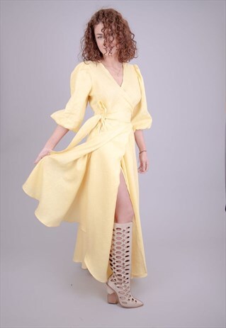 YELLOW LINEN MAXI LONG WRAP DRESS WITH POCKETS